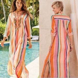 Soft Surroundings Icon Stripe Aruba Caftan Beaded Embroidered Resortwear.  16